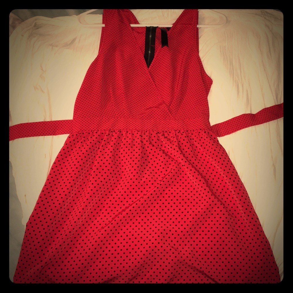 Red with black polka dot dress